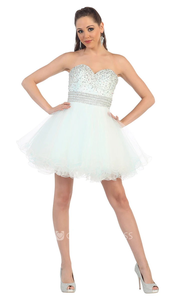A-Line Short Sweetheart Sleeveless Tulle Backless Dress With Ruffles And Beading
