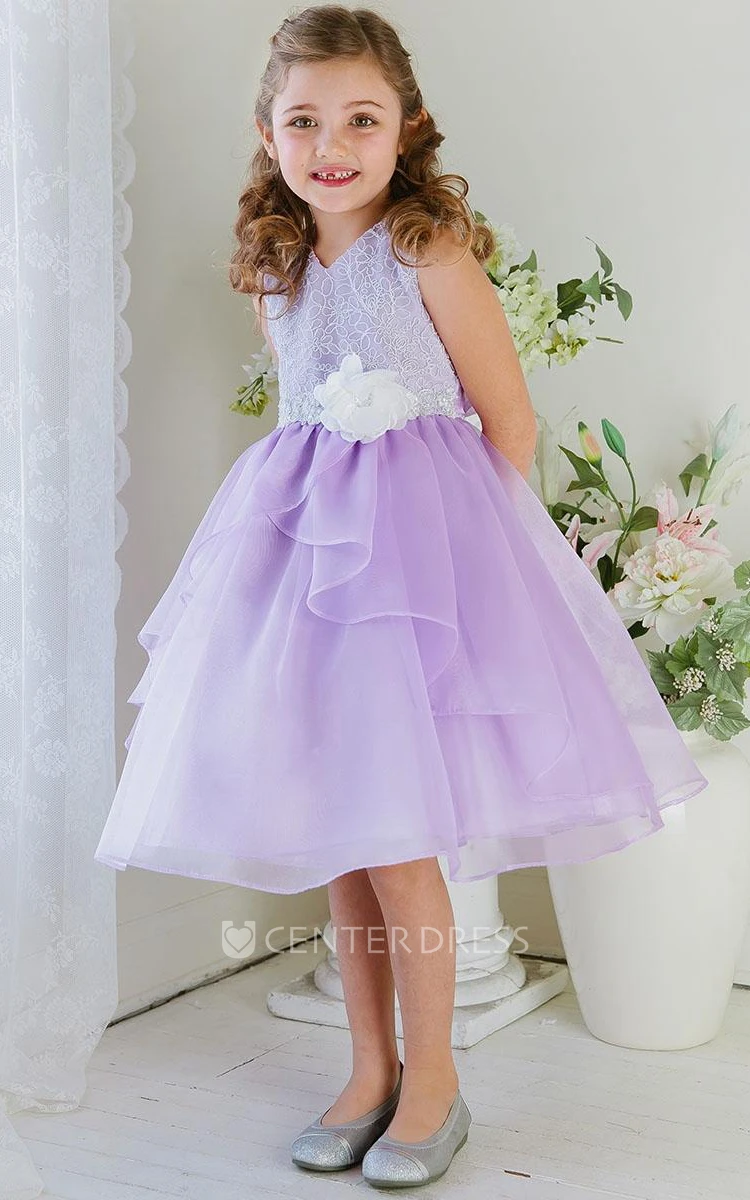 Tea-Length Embroideried Tiered Lace&Organza Flower Girl Dress