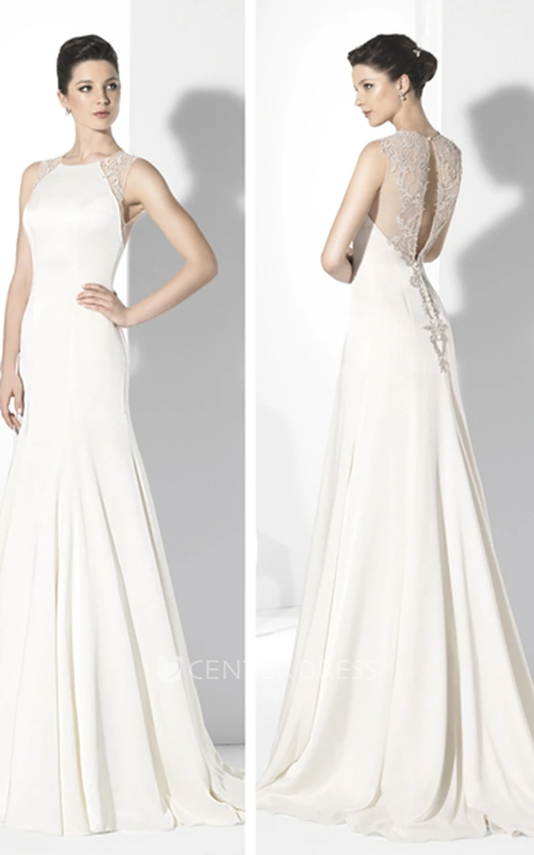 A-Line Maxi Scoop-Neck Sleeveless Lace Chiffon Wedding Dress With Pleats