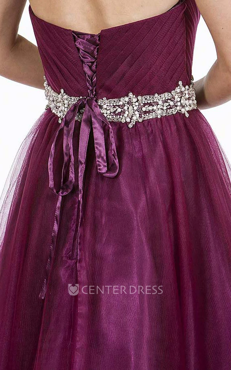 A-Line Strapless Sleeveless Maxi Ruched Tulle Prom Dress With Lace-Up Back And Waist Jewellery