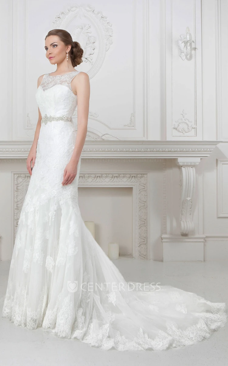 Mermaid Sleeveless Floor-Length Appliqued Bateau-Neck Satin Wedding Dress With Waist Jewellery