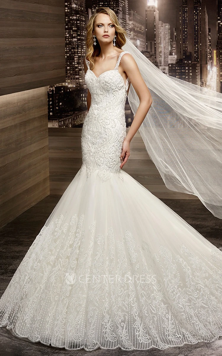 Sweetheart Court-train Mermaid Wedding Gown with Lace Straps and Open Back