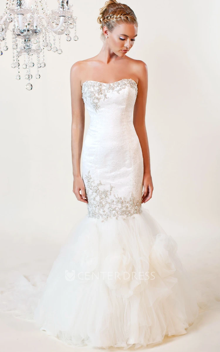 Trumpet Floor-Length Strapless Beaded Tulle Wedding Dress With Lace And Ruffles