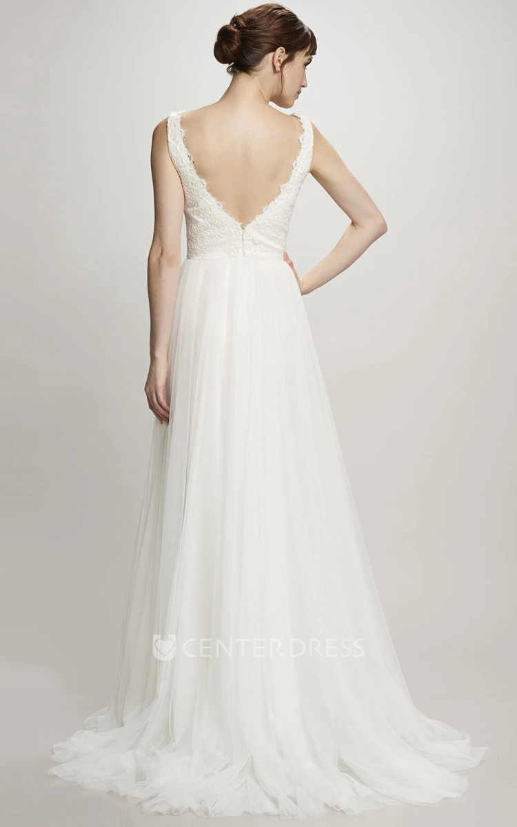 A-Line V-Neck Sleeveless Long Tulle&Lace Wedding Dress With Deep-V Back And Brush Train