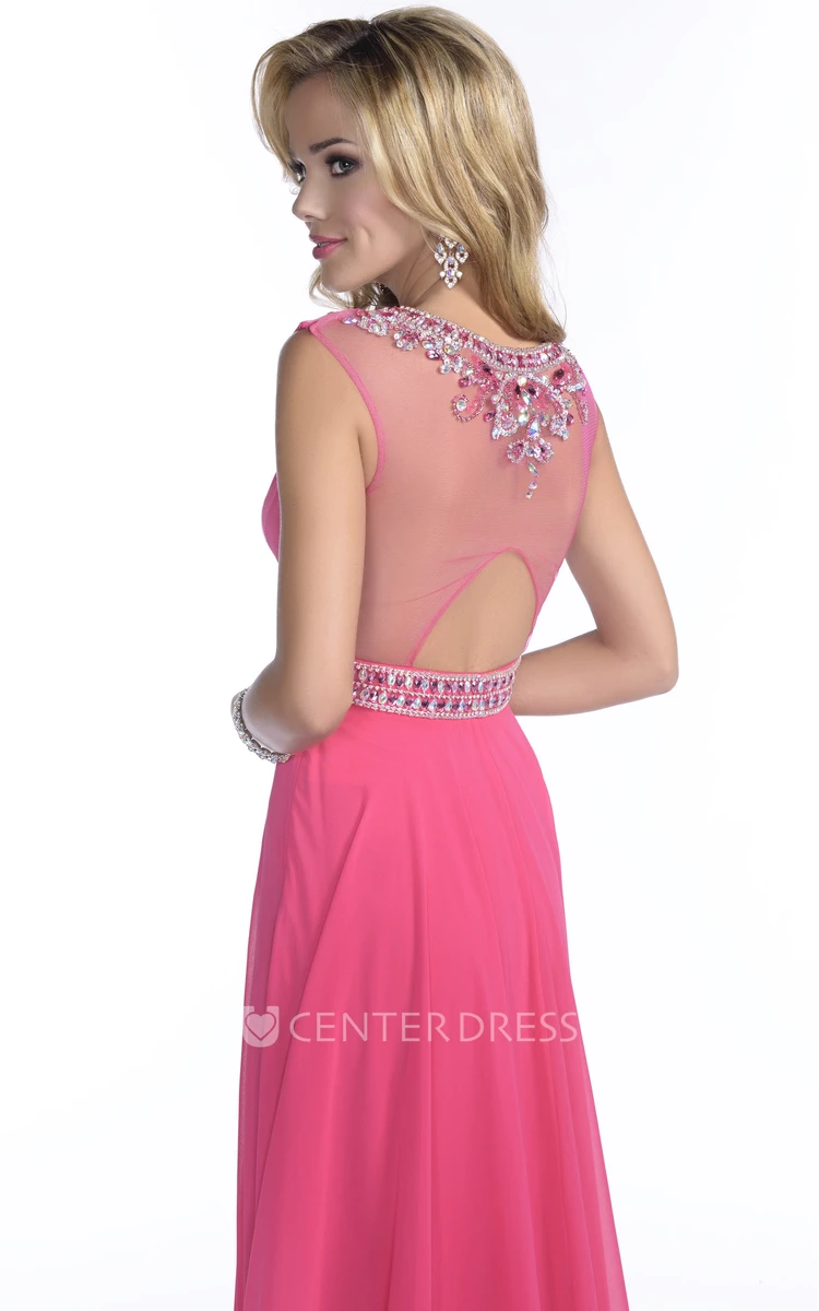 A-Line Chiffon Sleeveless Prom Dress Featuring Keyhole Back And Jeweled Waist