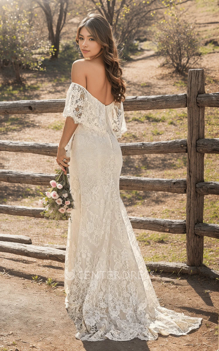 Boho Sheath Off-the-shoulder Lace Wedding Dress Open Back Draping Short Sleeve Bridal Gown with Train