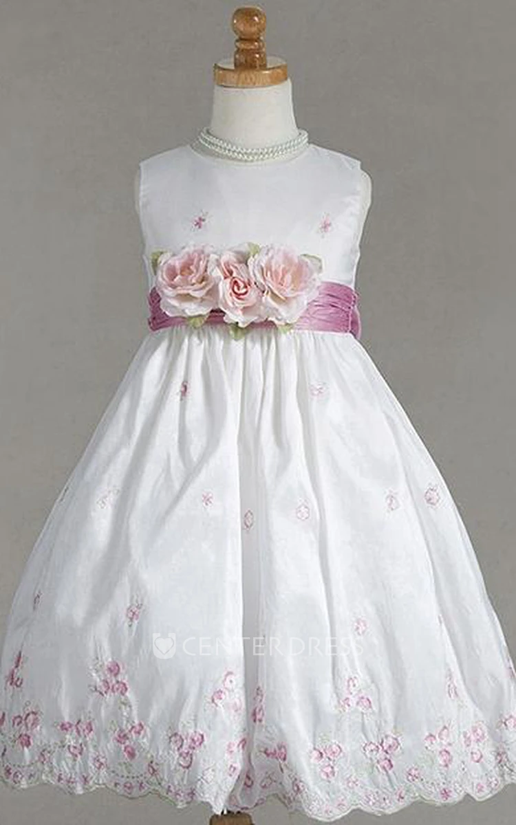 Tea-Length Bowed Embroideried Taffeta Flower Girl Dress