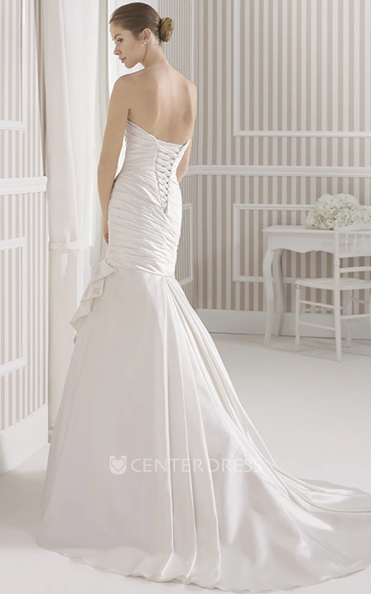 Trumpet Sleeveless Long Strapless Ruched Satin Wedding Dress With Draping And Corset Back