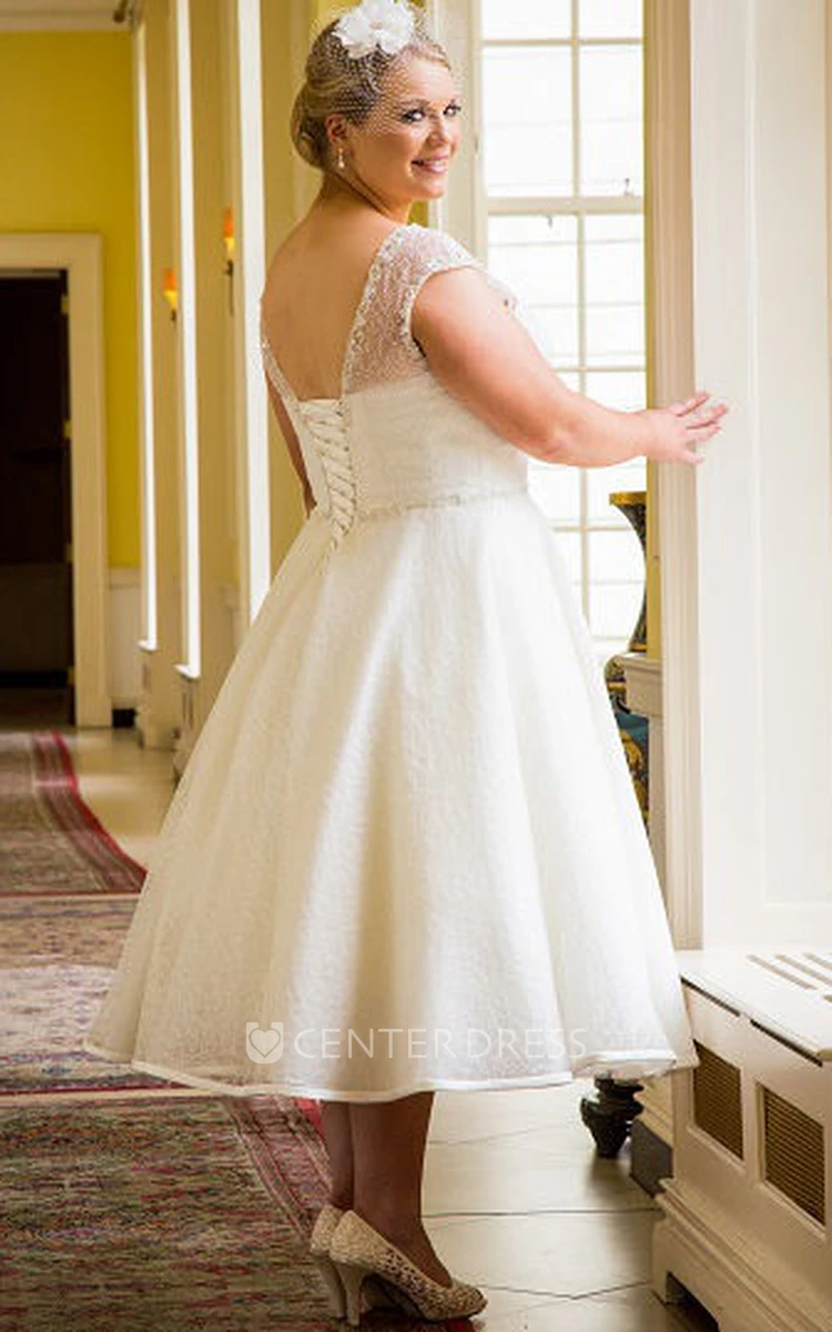 Cap Sleeve Tea Length Bridal Gown With Beading Neck And Waist - UCenter  Dress