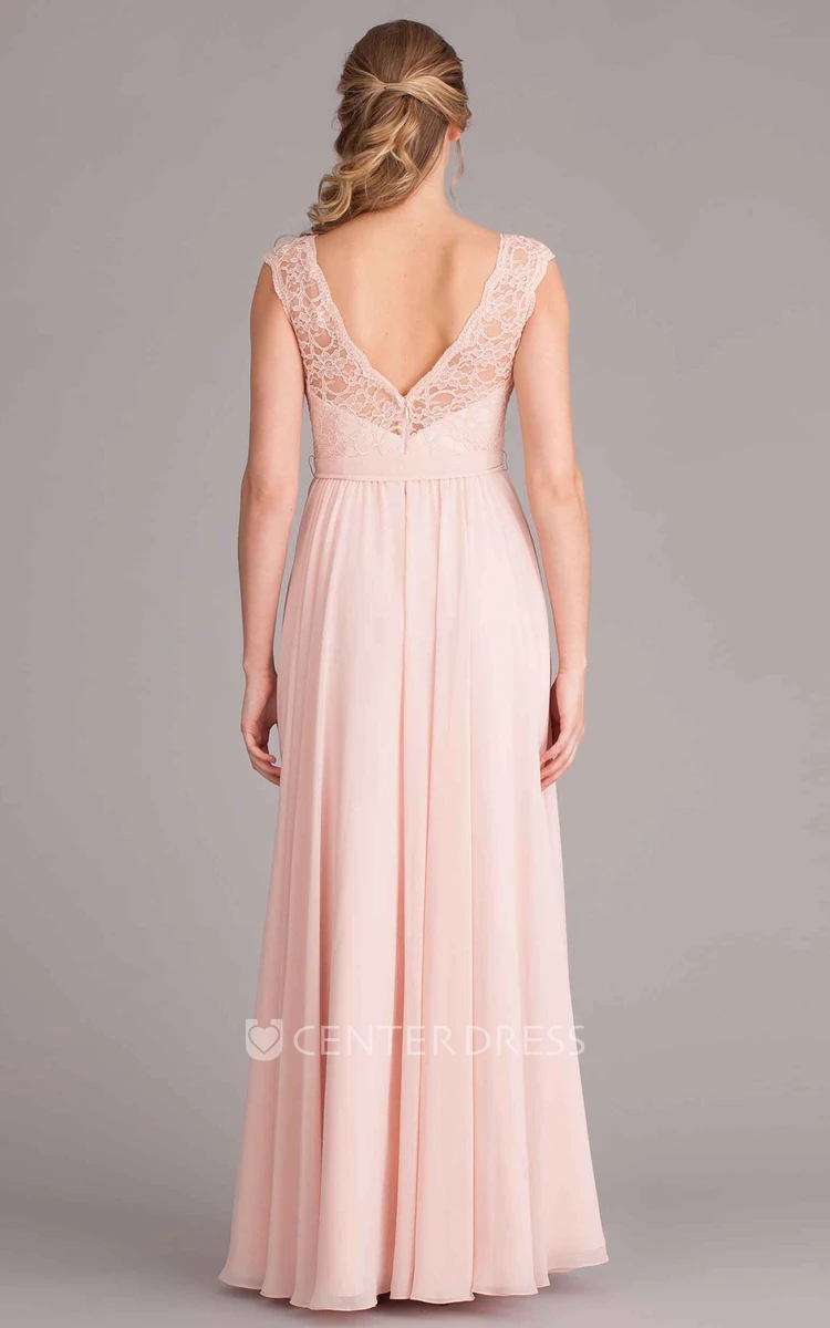 Scoop Neck Lace Sleeveless Chiffon Bridesmaid Dress With Bow And Low-V Back