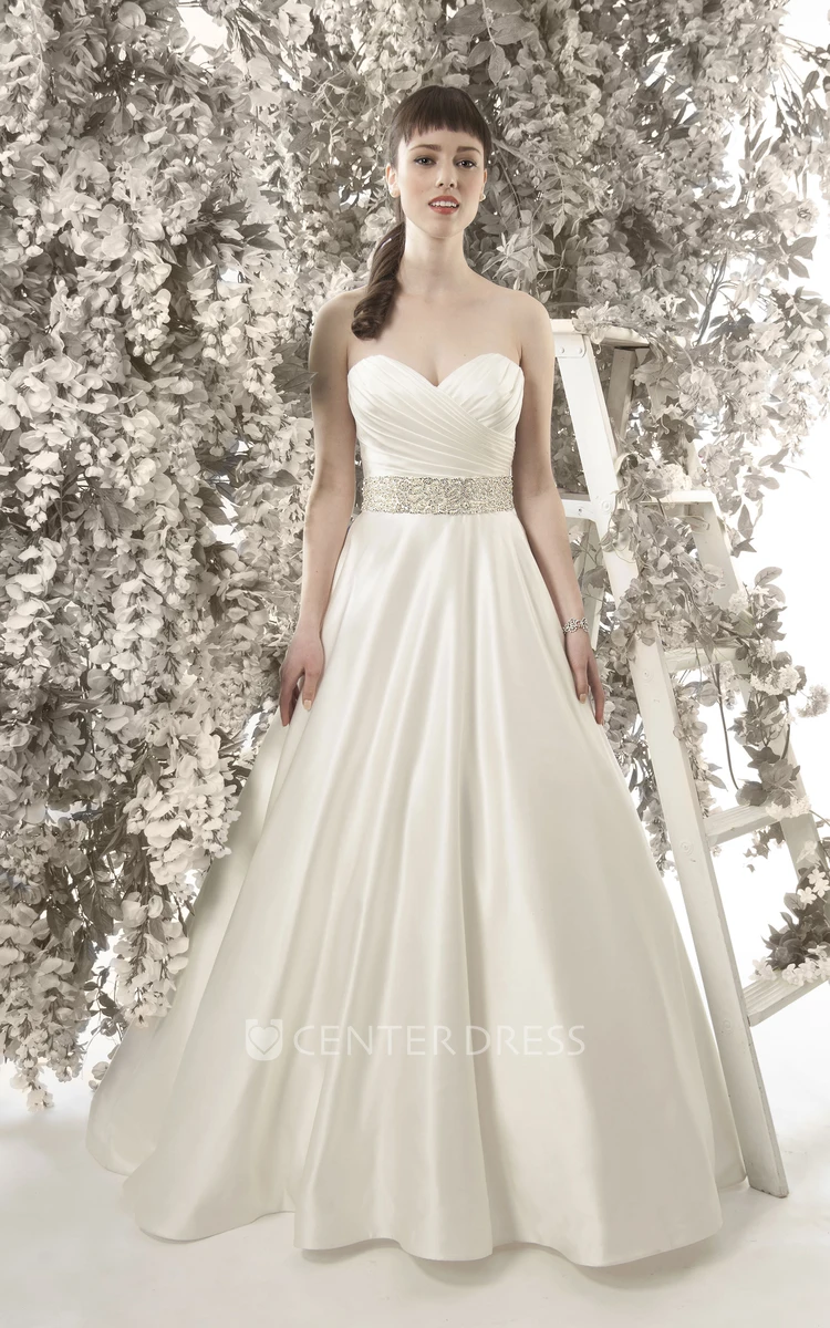 A-Line Floor-Length Sweetheart Jeweled Sleeveless Satin Wedding Dress