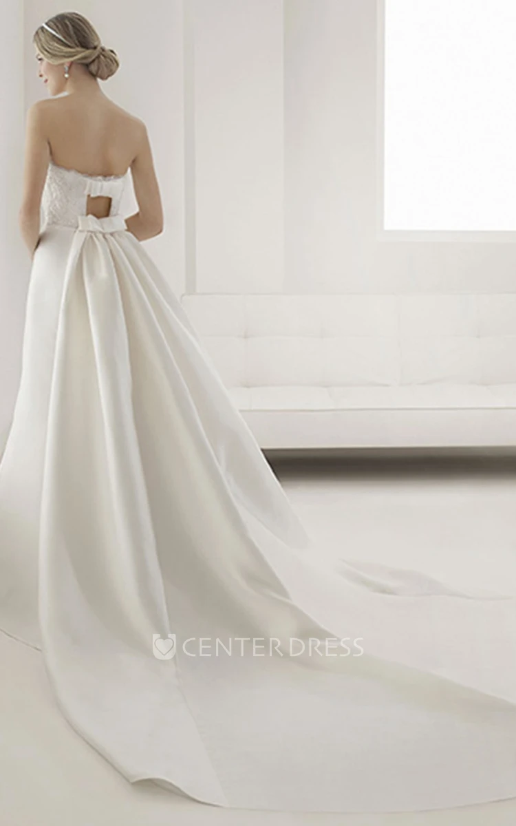 Strapless Lace Top Sheath Satin Bridal Gown With Back Keyhole And Bows