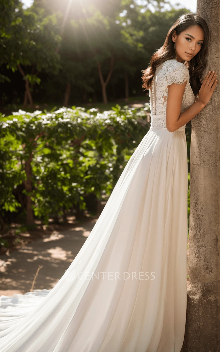 Romantic Elegant A-Line V-neck Chiffon Lace Floor-length Wedding Dress Ethereal Vintage Cap Sleeve Split Front Bridal Gown with Button Illusion Back