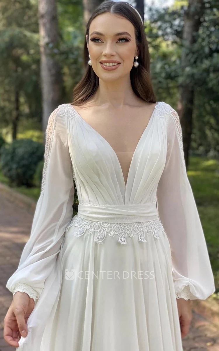 A Line Long Sleeve Chiffon Luxury Open Back Illusion Wedding Dress with Ruching amd Sash