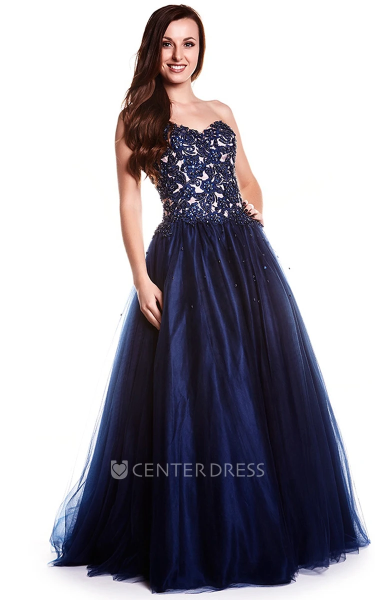 A-Line Sleeveless Maxi Sweetheart Appliqued Tulle Prom Dress With Lace-Up Back And Beading