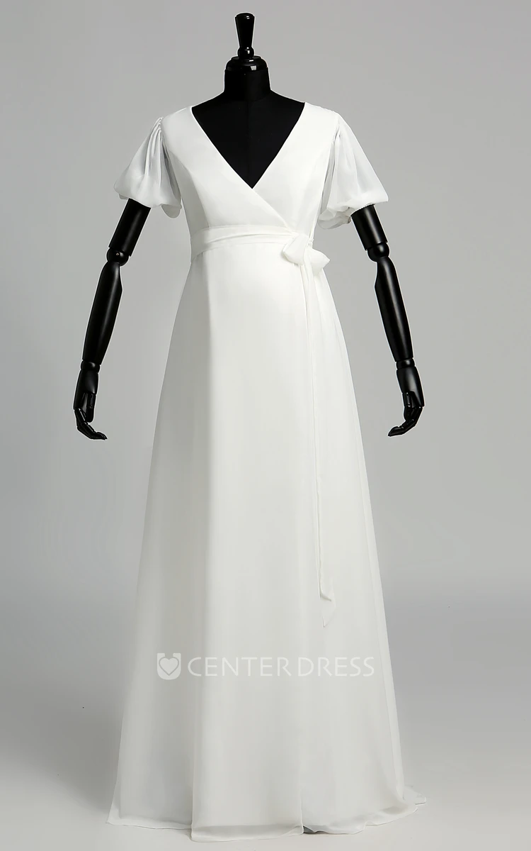 A Line Court Floor-length Ruffles Sash Ribbon Chiffon Maternity Wedding Dress
