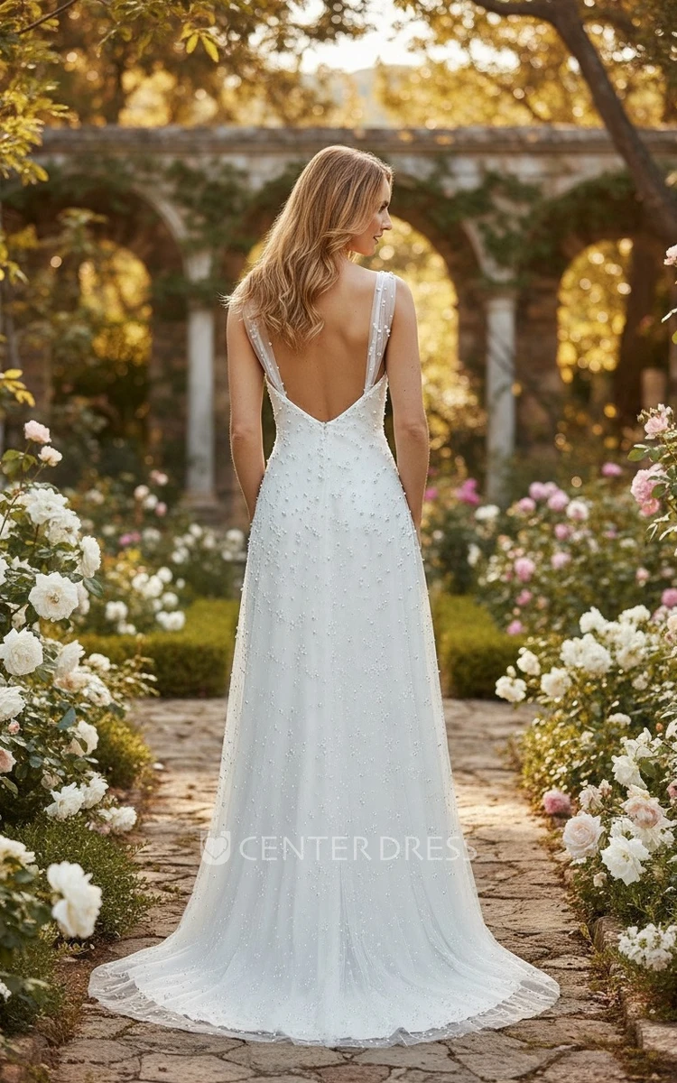 Sexy Elopement Sheath Pearl Cowl Neck Spring Wedding Dress Romantic Chic Wide Tulle Straps Satin Bridal Gown with Sweep Train