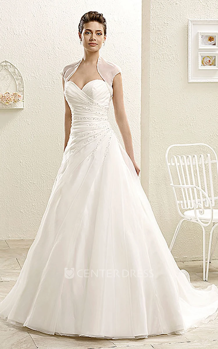 A-Line Cap-Sleeve Sweetheart Beaded Long Wedding Dress With Cape And Criss Cross