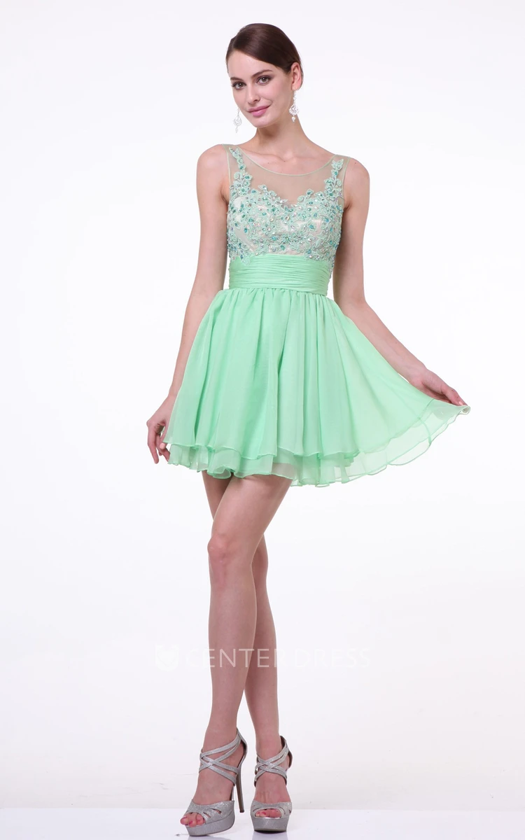A-Line Short Bateau Sleeveless Chiffon Dress With Appliques And Tiers