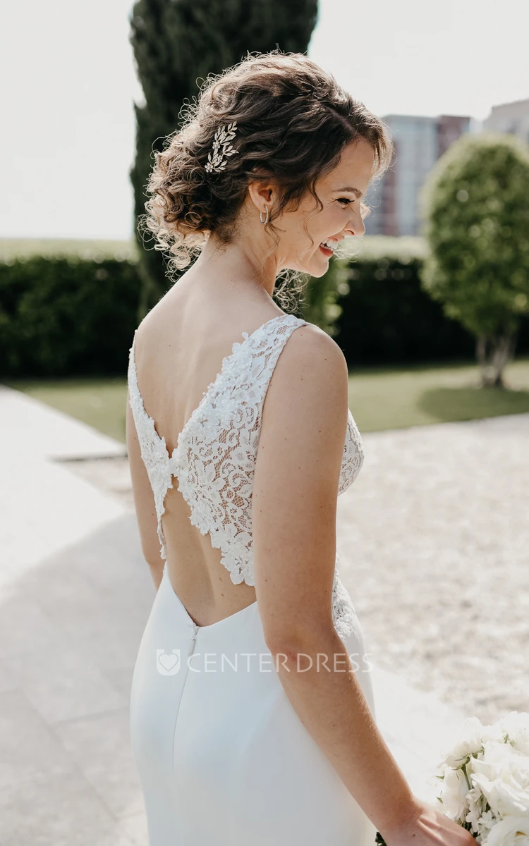  Sheath Casual Lace Wedding Dress With V-neck And Illusion Back