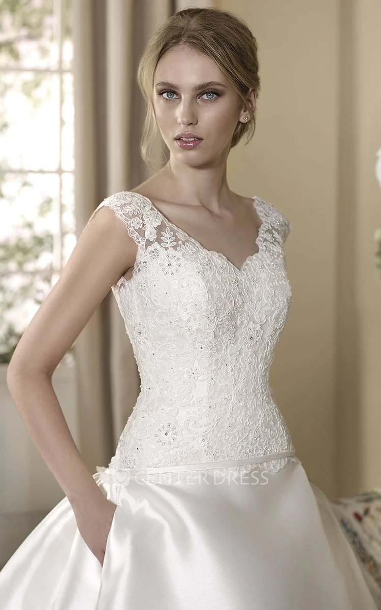 Ball Gown Sleeveless V-Neck Floor-Length Appliqued Satin Wedding Dress