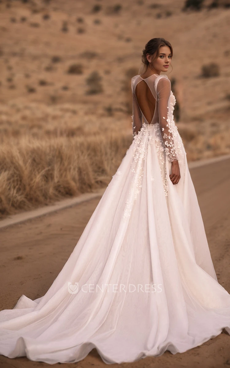 Sexy Elegant Plunging Neckline A-Line Tulle Lace Appliques Wedding Dress Romantic Long Sleeves Floor-length Beading Flowers Backless Bridal Gown with Train