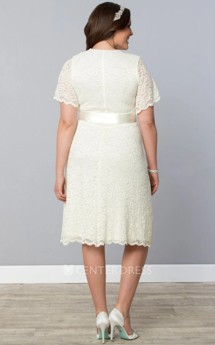 Lace Knee-Length Short-Sleeve Dress With Ribbon