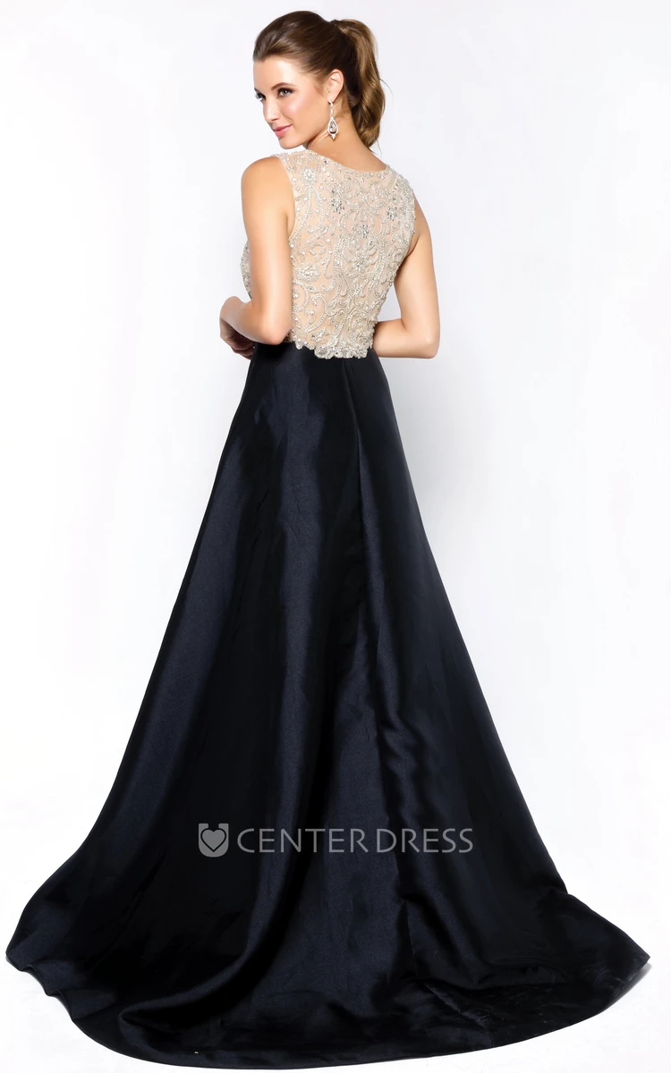 A-Line Long Scoop-Neck Sleeveless Satin Court Train Illusion Dress With Beading