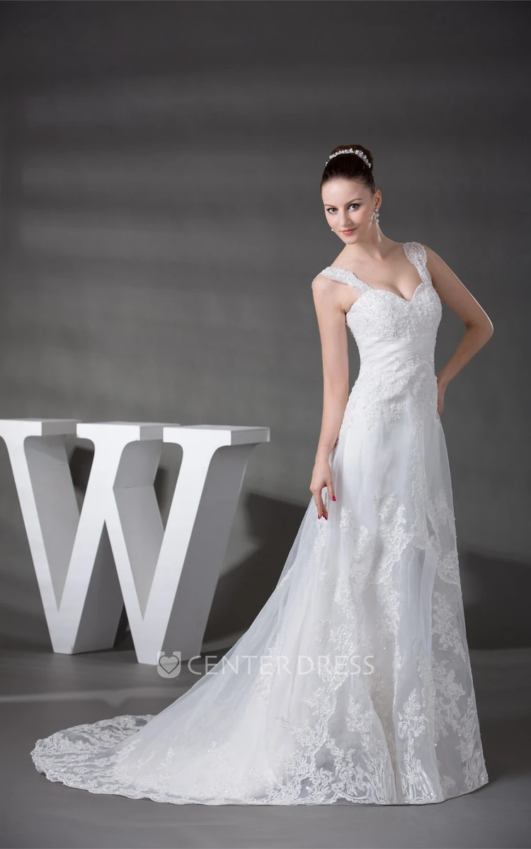 Strapped Sleeveless Lace A-Line Wedding Gown with Ruching and Beading