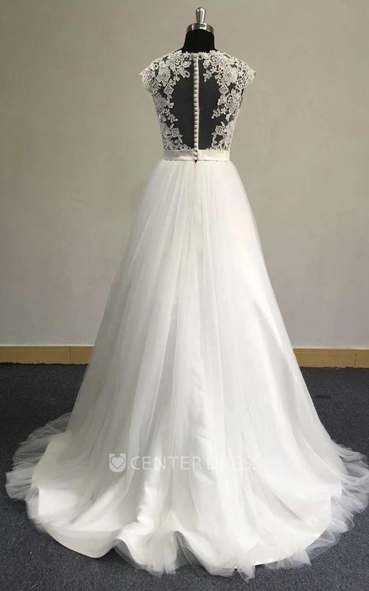 V-Neck Sleeveless Tulle Wedding Dress With Lace Top