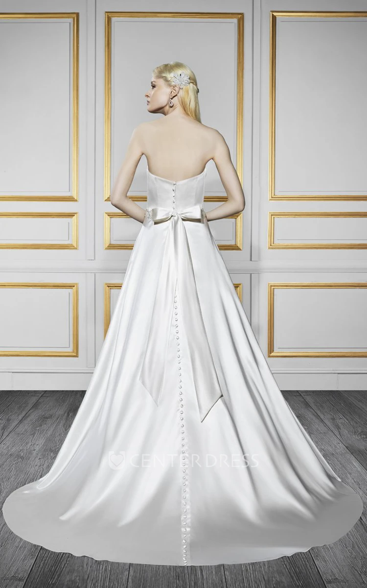 A-Line Sleeveless Strapless Floor-Length Jeweled Satin Wedding Dress With Bow And Backless Style