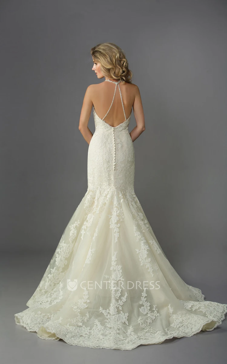 Jeweled High Neck Mermaid Gown With Lace Appliques