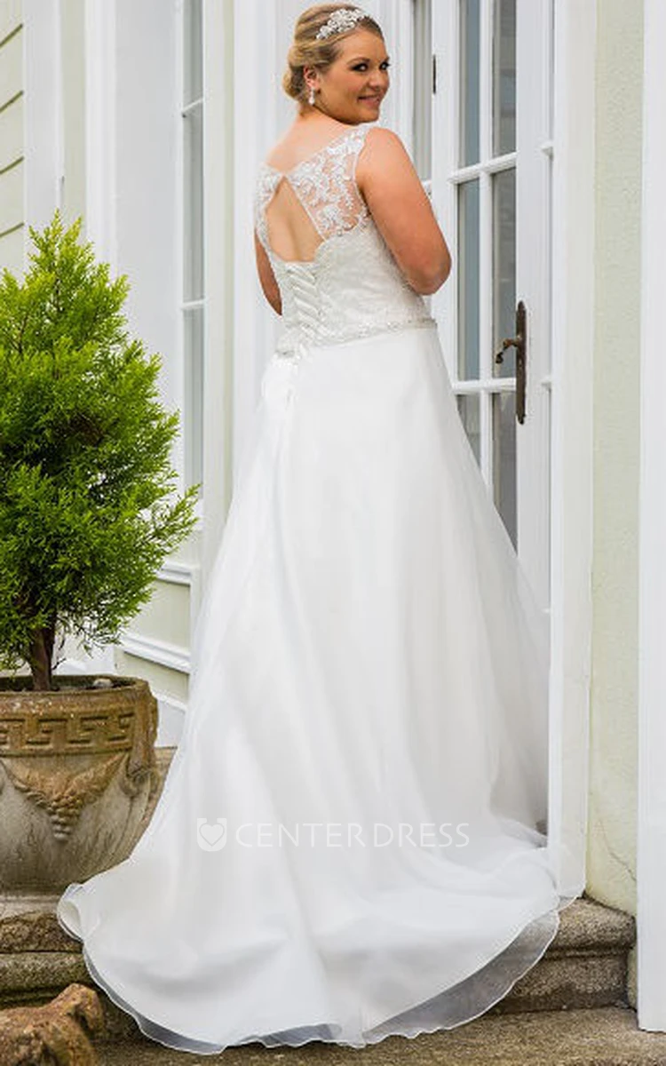 Lace Top Crystal Sash A-Line Bridal Gown With Lace Up And Keyhole