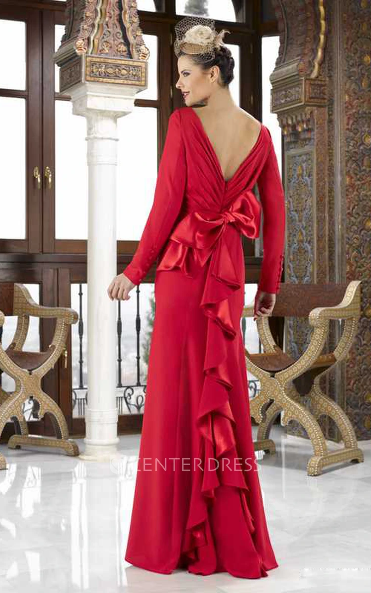 Jewel Neck Long Sleeve Bowed Jersey Mother Of The Bride Dress