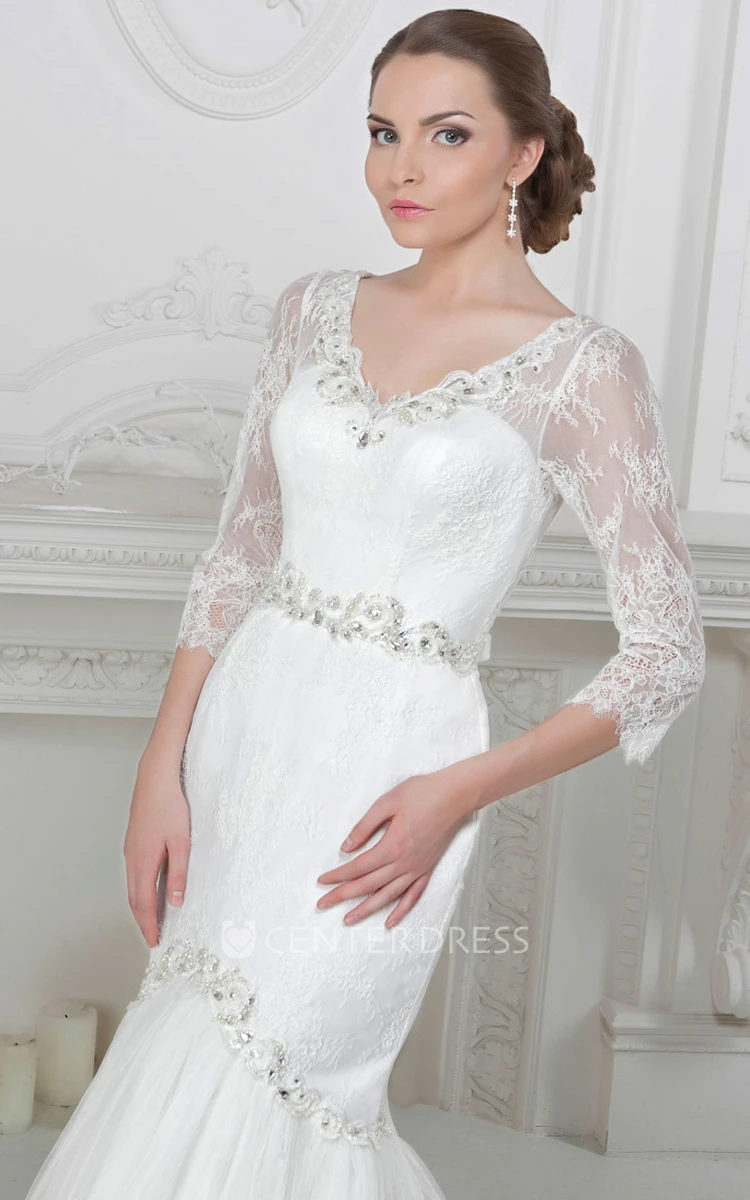 Trumpet V-Neck Floor-Length 3-4-Sleeve Appliqued Lace Wedding Dress With Waist Jewellery And Beading