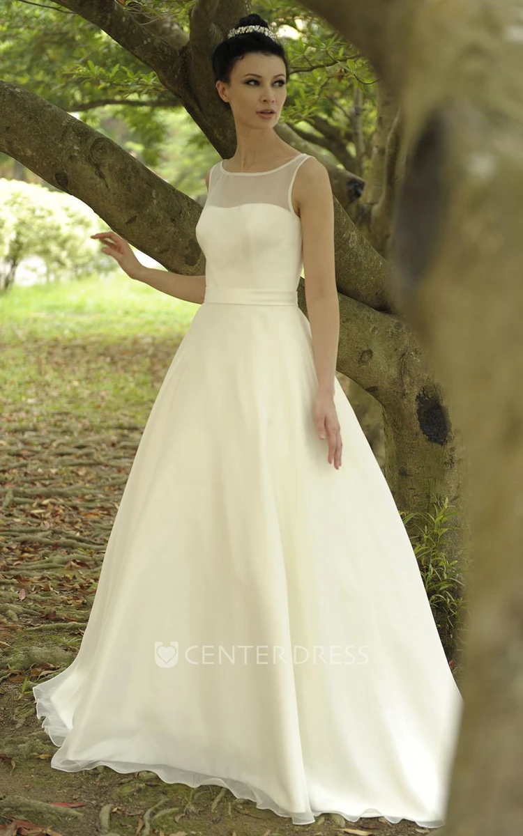 A-Line Scoop-Neck Floor-Length Sleeveless Chiffon Wedding Dress