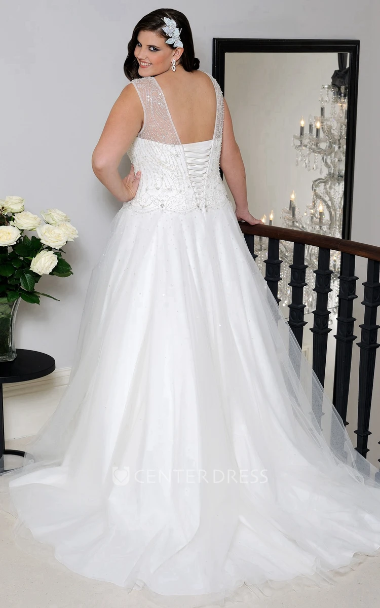 Bateau-Neck Tulle A-Line Gown With Beading And Illusion