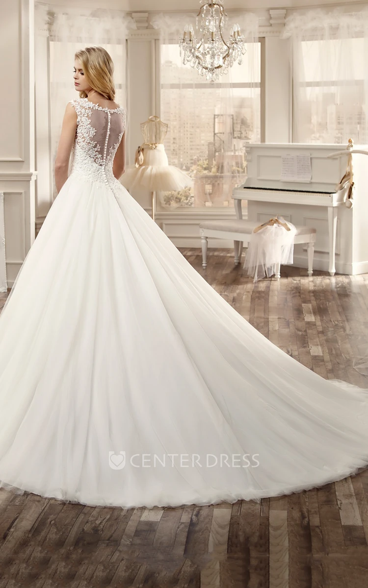 Cap-Sleeve Wedding Dress with Pleated Skirt and Lace Bodice