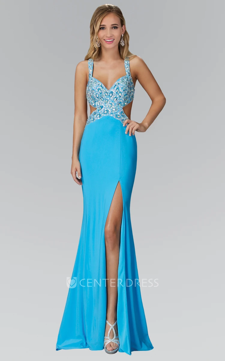 Sheath Straps Sleeveless Jersey Dress With Crystal Detailing And Split Front