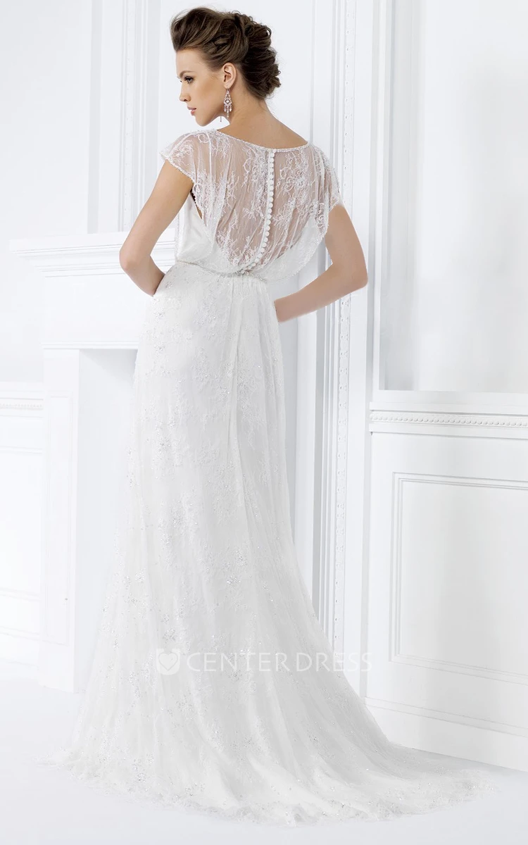 Cap-Sleeved Bateau-Neck Long Gown With Illusion Style And Beaded Waist