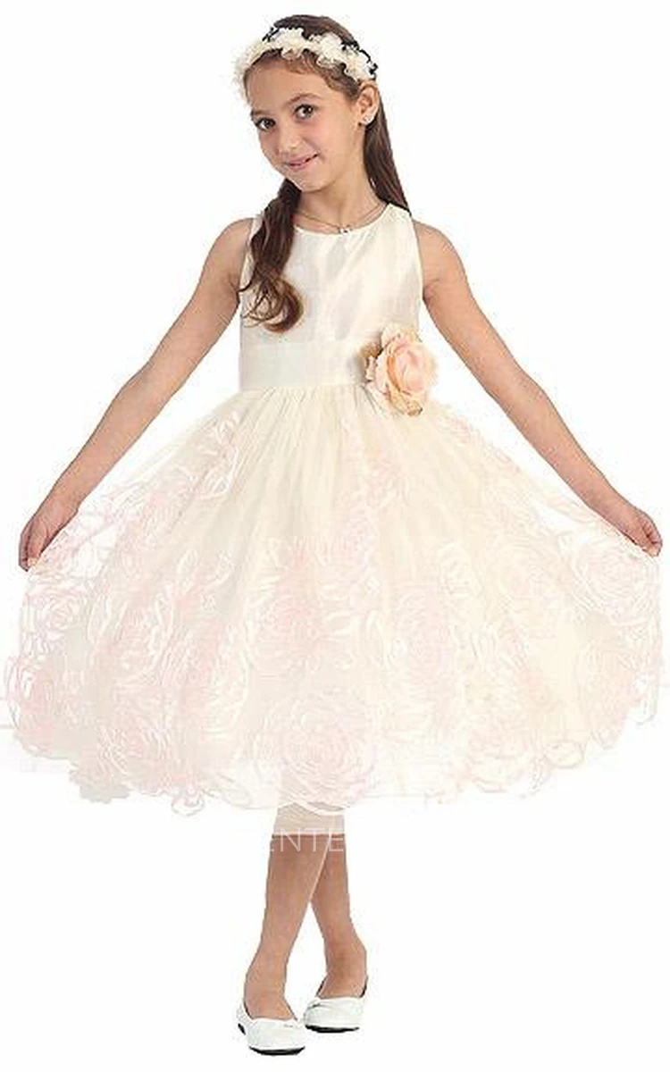 Floral Tea-Length Tiered Flower Girl Dress With Embroidery