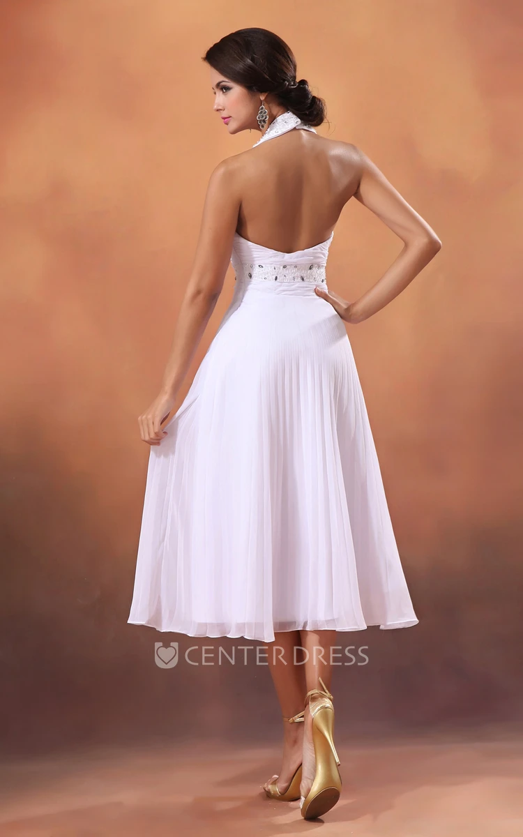 A-Line Tea-Length Halter Chiffon Wedding Dress With Crystal Detailing