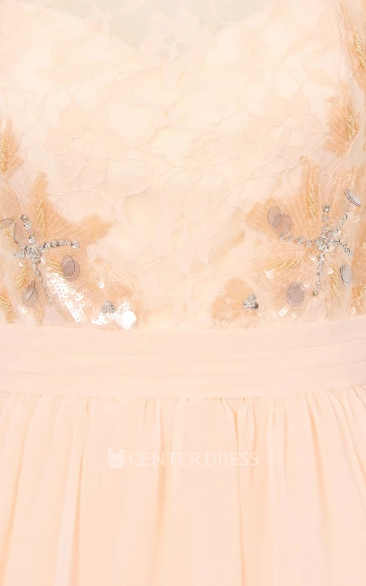 Short Sleeveless Scoop Neck Floral Chiffon Bridesmaid Dress