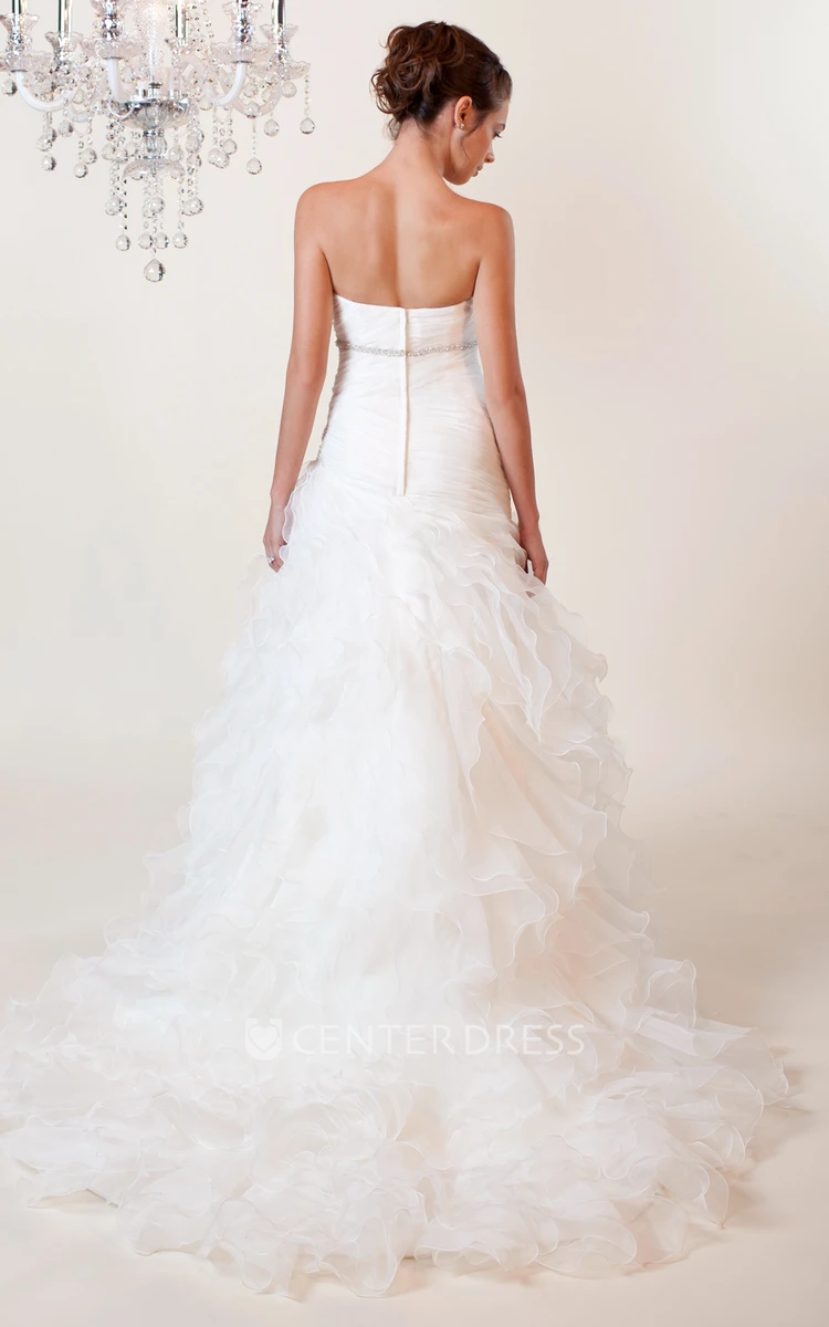 A-Line Ruffled Sweetheart Organza Wedding Dress With Criss Cross And Broach