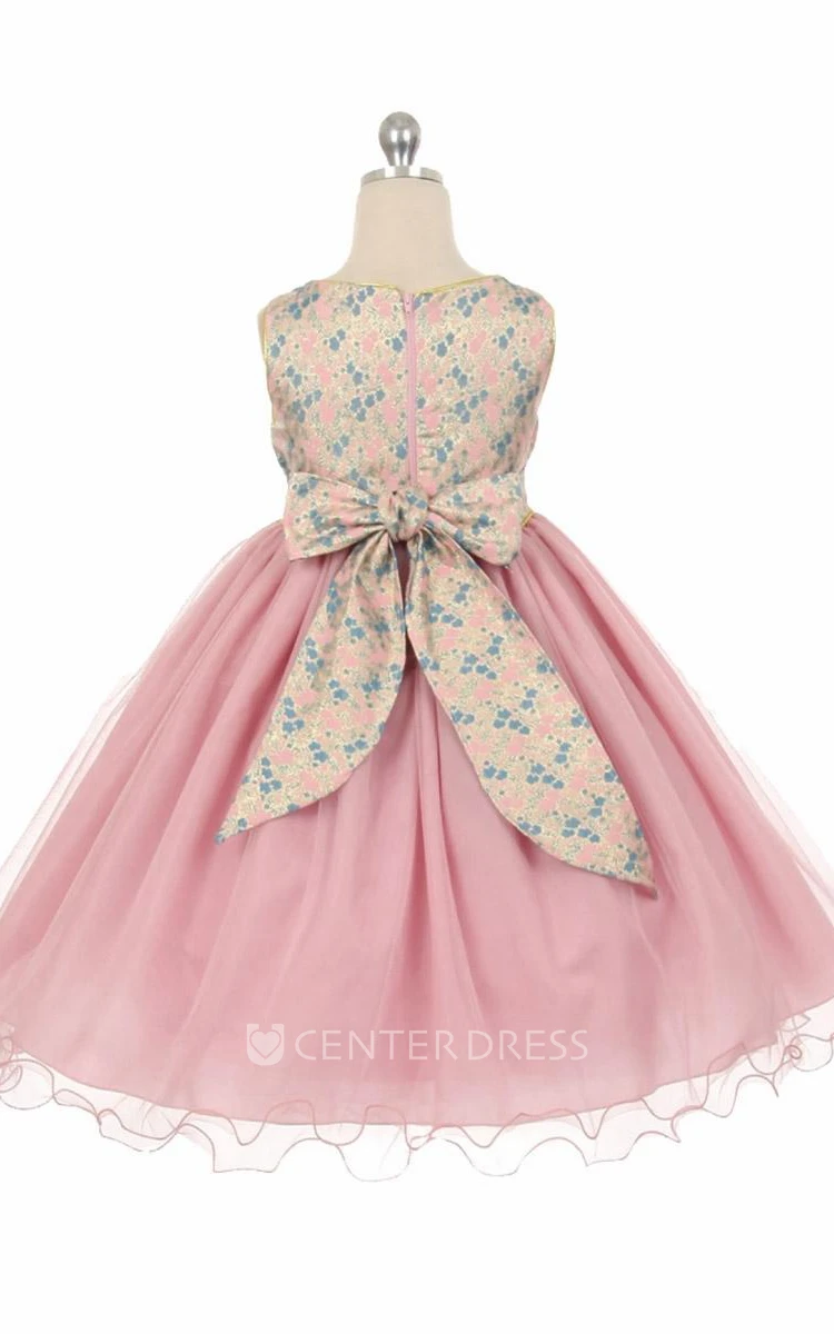 Tea-Length Floral Floral Beaded Tulle Flower Girl Dress With Sash