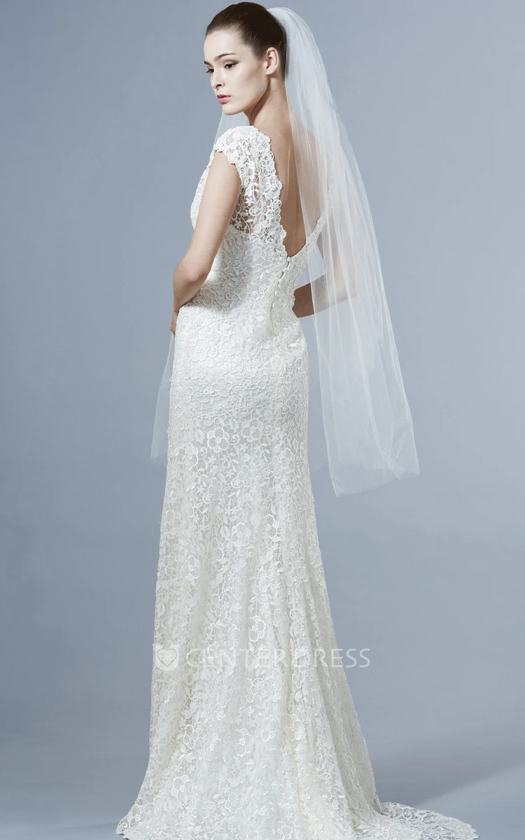 V-Neck Floor-Length Cap-Sleeve Lace Wedding Dress With Brush Train And V Back