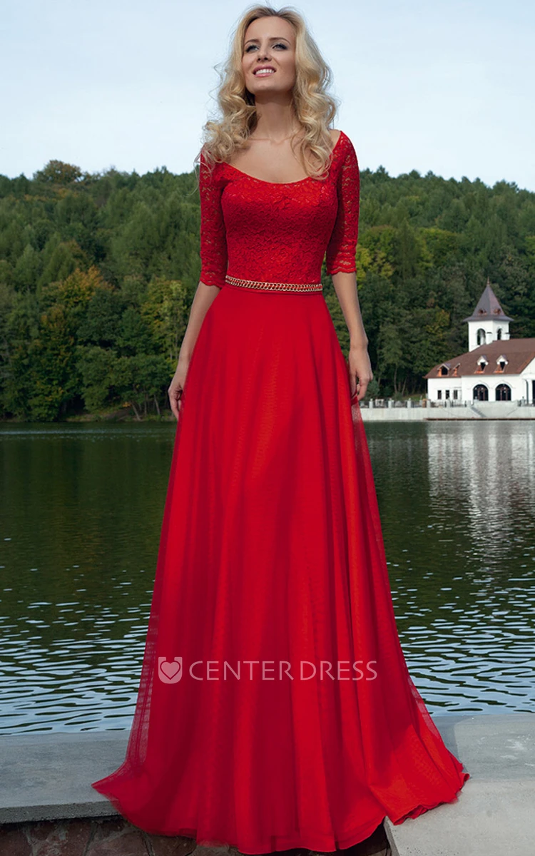 A-Line Scoop Half-Sleeve Floor-Length Lace&Chiffon Prom Dress