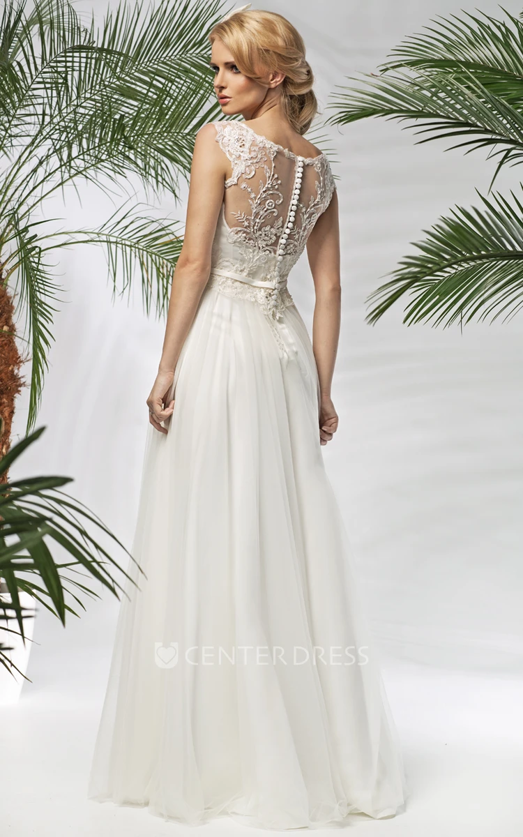 V-Neck Floor-Length Cap-Sleeve Appliqued Tulle&Lace Wedding Dress With Bow