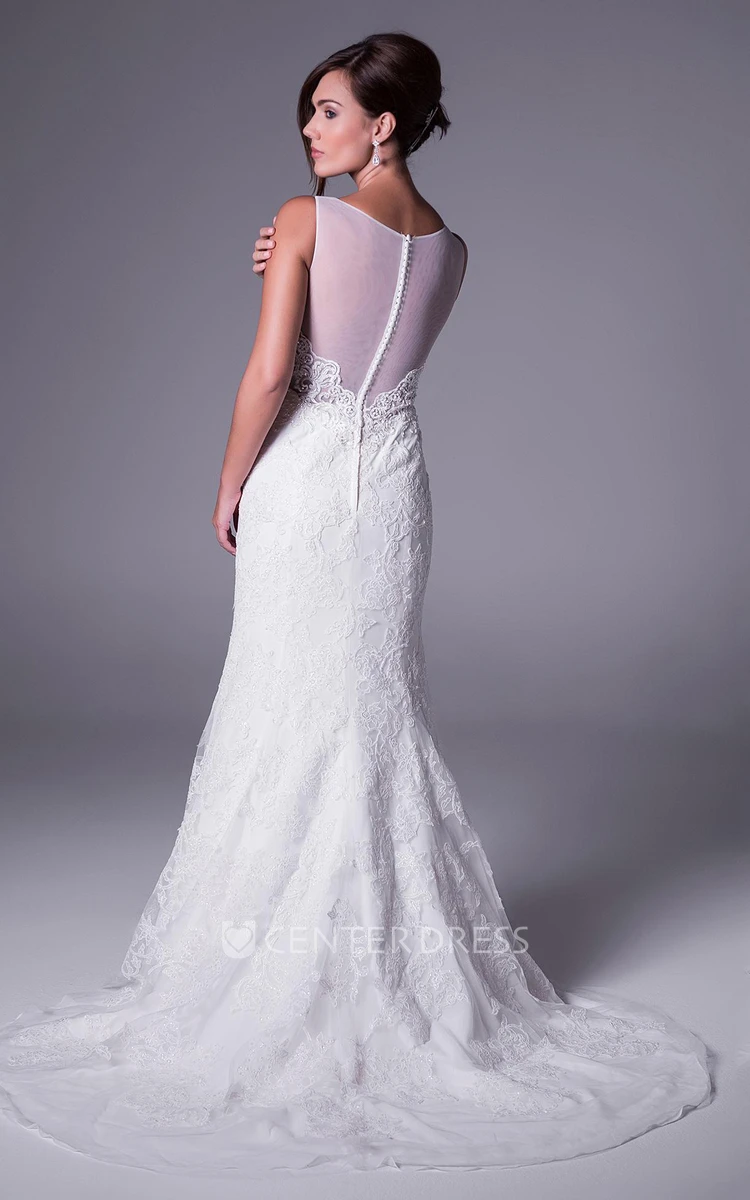 Sheath Floor-Length Sleeveless Scoop-Neck Appliqued Lace Wedding Dress