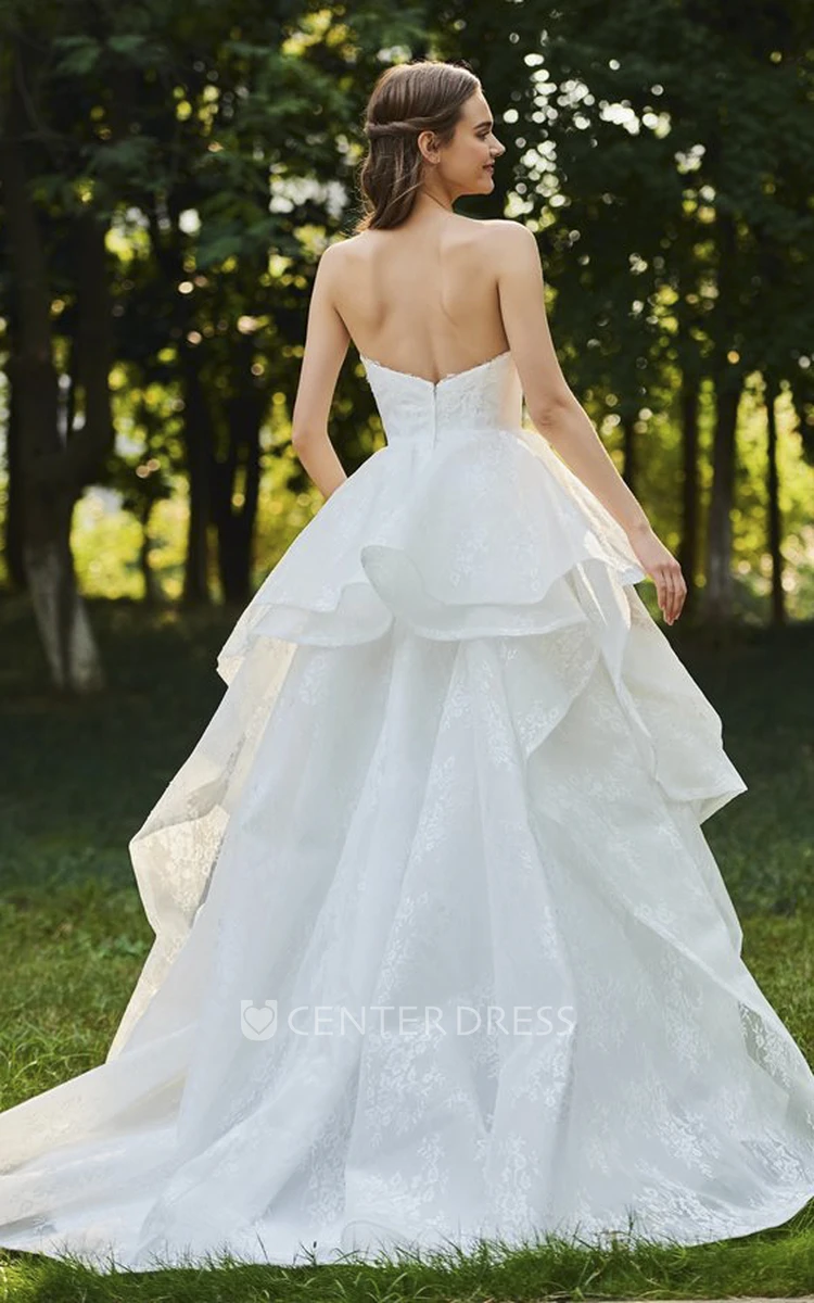 Lace Sweetheart Cascading Ruffles Sleeveless Open Back Bridal Ball Gown